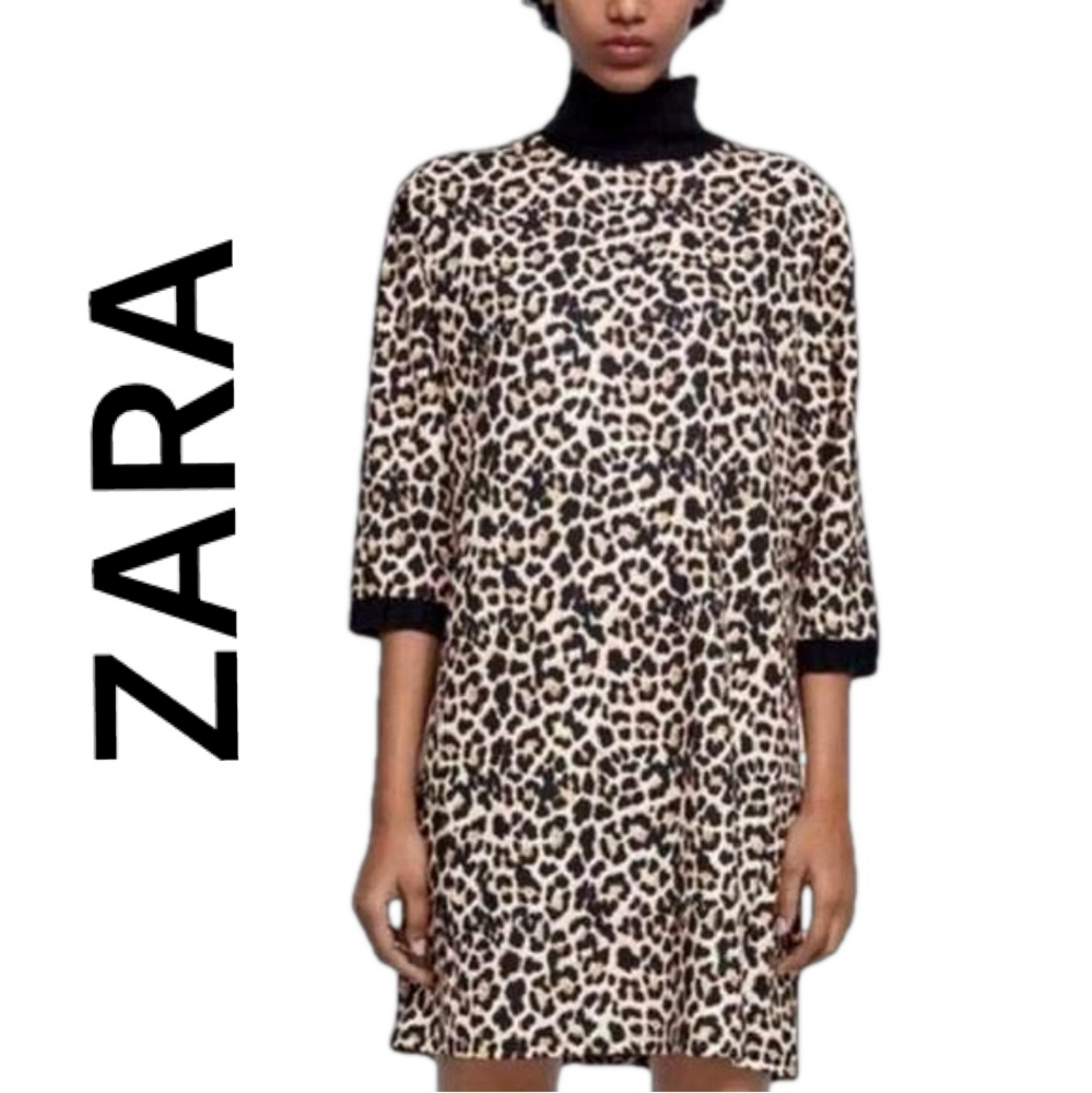 Zara Leopard Rib Knit Turtleneck Animal Print Shift Dress Medium
